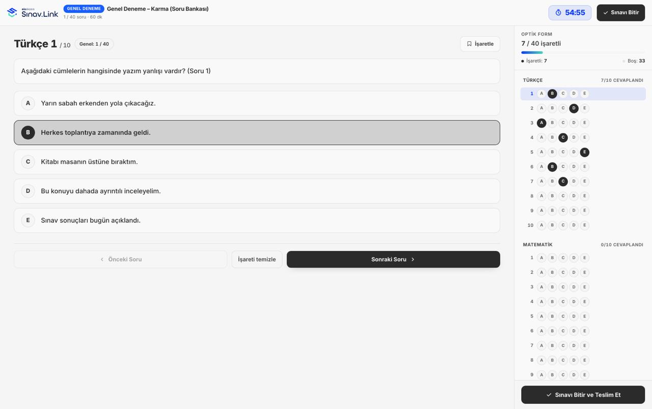 Sınav.Link sınav ekranı